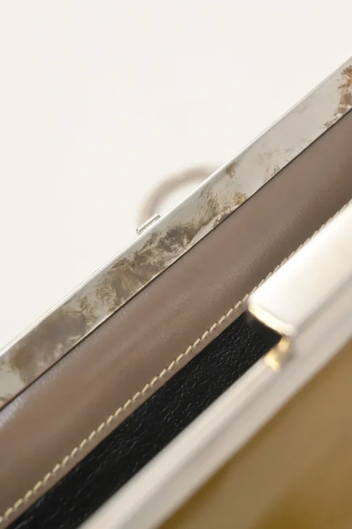 Copper patent leather crossbody kiss lock clutch with silver-tone metallic snake chain
