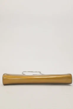 Copper patent leather crossbody kiss lock clutch with silver-tone metallic snake chain