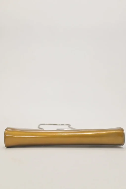 Copper patent leather crossbody kiss lock clutch with silver-tone metallic snake chain