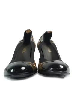 Copper round-toe Spirit block heel soft pumps with contrast cap toe and embroidered Coco Mark ankle