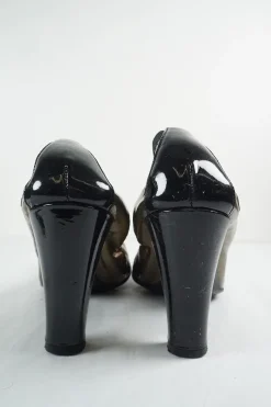 Copper round-toe Spirit block heel soft pumps with contrast cap toe and embroidered Coco Mark ankle