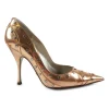 Copper studded metallic leather pointed toe cone heel pumps