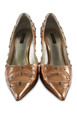 Copper studded metallic leather pointed toe cone heel pumps