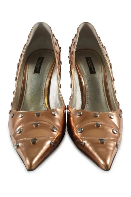 Copper studded metallic leather pointed toe cone heel pumps
