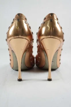 Copper studded metallic leather pointed toe cone heel pumps