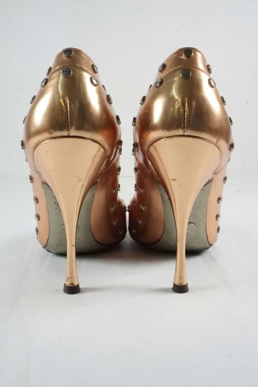 Copper studded metallic leather pointed toe cone heel pumps