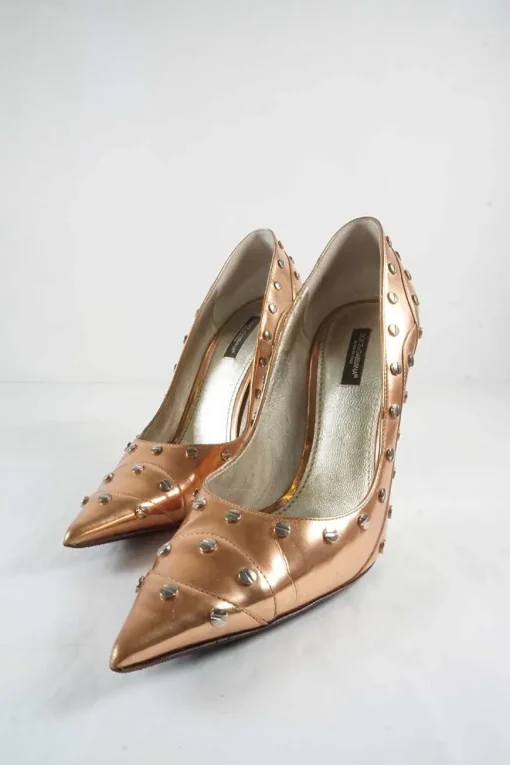 Copper studded metallic leather pointed toe cone heel pumps
