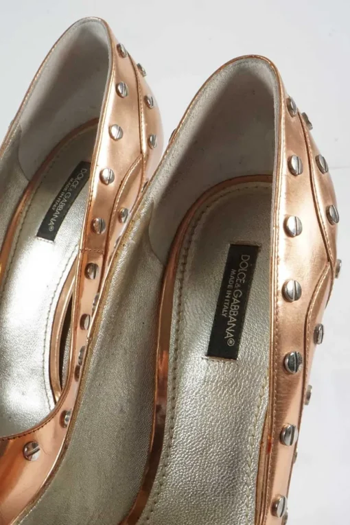 Copper studded metallic leather pointed toe cone heel pumps
