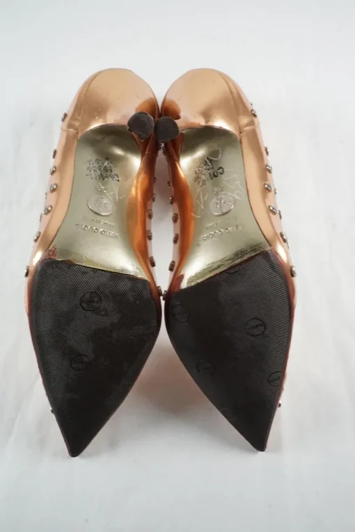 Copper studded metallic leather pointed toe cone heel pumps