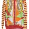 Coral cotton jersey cardigan with woven contrasting silk foulard front panels