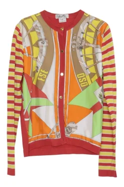 Coral cotton jersey cardigan with woven contrasting silk foulard front panels