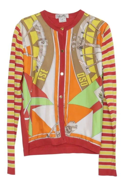 Coral cotton jersey cardigan with woven contrasting silk foulard front panels