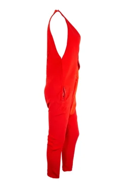 Coral crêpe draped sarouel style halter jumpsuit with contrasting satin gusset