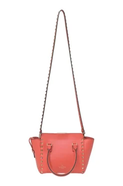 Coral leather Rockstud tote with detachable shoulder strap