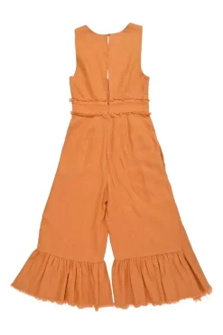 Coral linen plunge neck Roosevelt ruffle jumpsuit with gathered sash appliqué