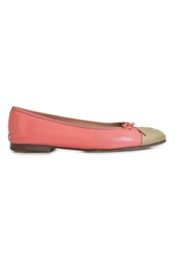 Coral pink and gold calfskin bow-embellished ballerinas with top-stitched Coco Mark cap toe