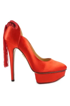 Coral red satin and leather Fantastic Dolly tassel platform pumps