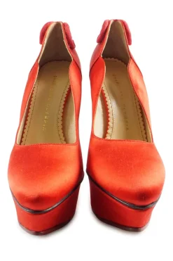Coral red satin and leather Fantastic Dolly tassel platform pumps