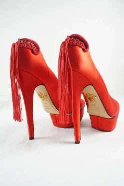 Coral red satin and leather Fantastic Dolly tassel platform pumps