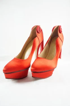 Coral red satin and leather Fantastic Dolly tassel platform pumps