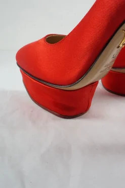 Coral red satin and leather Fantastic Dolly tassel platform pumps