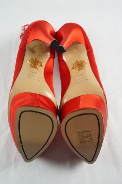 Coral red satin and leather Fantastic Dolly tassel platform pumps