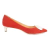 Coral suede pointed toe kitten heel court buckle pumps