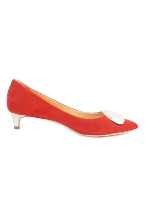 Coral suede pointed toe kitten heel court buckle pumps
