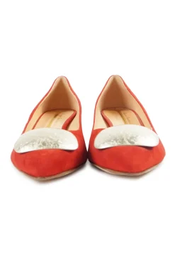 Coral suede pointed toe kitten heel court buckle pumps
