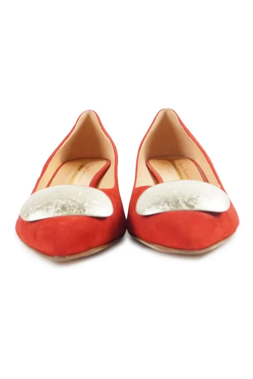 Coral suede pointed toe kitten heel court buckle pumps