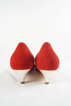 Coral suede pointed toe kitten heel court buckle pumps
