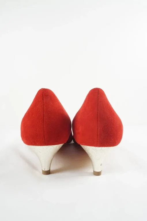 Coral suede pointed toe kitten heel court buckle pumps
