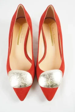 Coral suede pointed toe kitten heel court buckle pumps