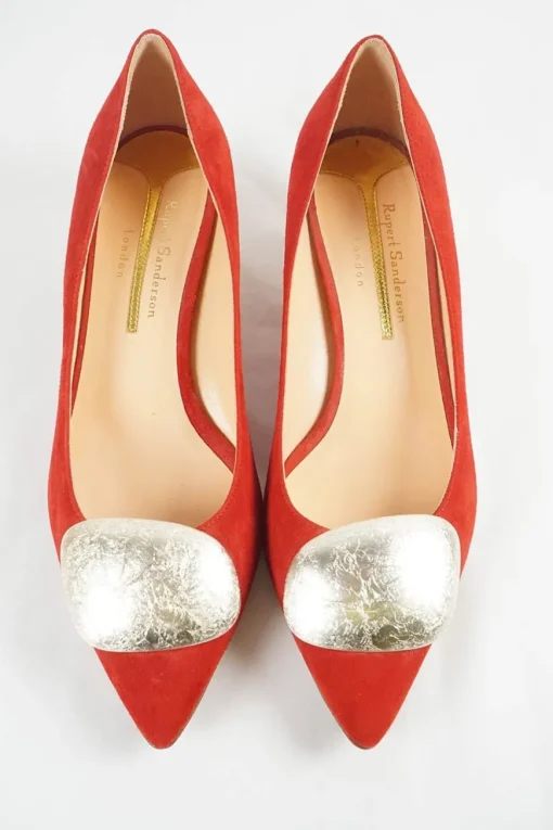 Coral suede pointed toe kitten heel court buckle pumps