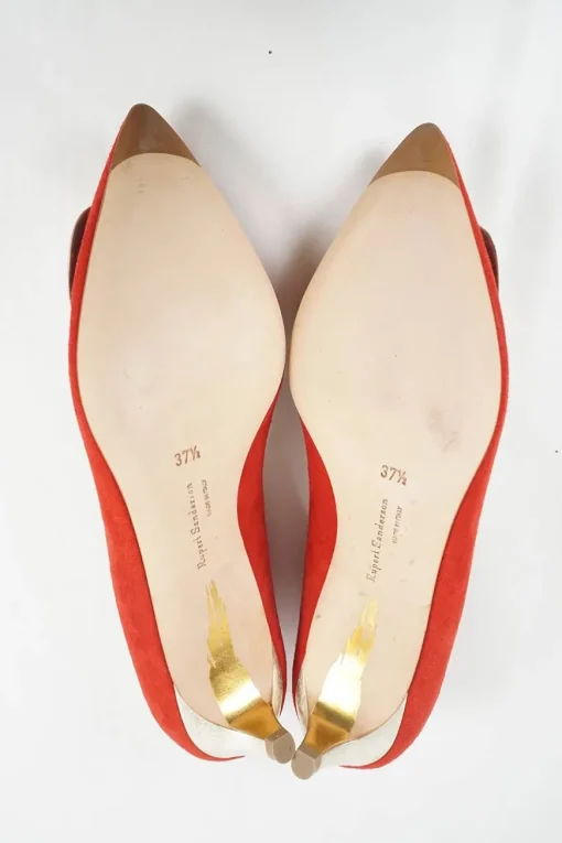 Coral suede pointed toe kitten heel court buckle pumps
