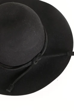 Cotton mix wide brim hat in black with suede cord embellishment  in size 57