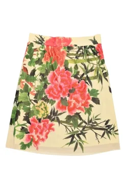 Cream and carmine nylon floral print pull-on A-line mini skirt