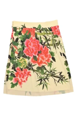 Cream and carmine nylon floral print pull-on A-line mini skirt