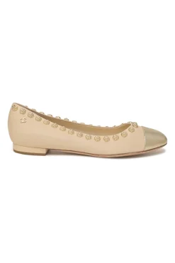 Cream and gold camellia-embellished leather round-toe ballerinas