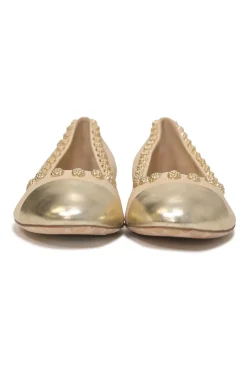 Cream and gold camellia-embellished leather round-toe ballerinas
