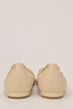 Cream and gold camellia-embellished leather round-toe ballerinas