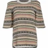 Cream and orange cashmere fairisle jacquard knit crewneck pullover half sleeve cape top