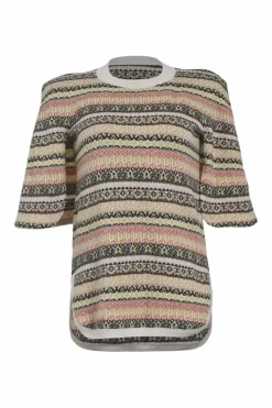 Cream and orange cashmere fairisle jacquard knit crewneck pullover half sleeve cape top
