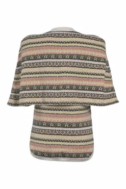 Cream and orange cashmere fairisle jacquard knit crewneck pullover half sleeve cape top
