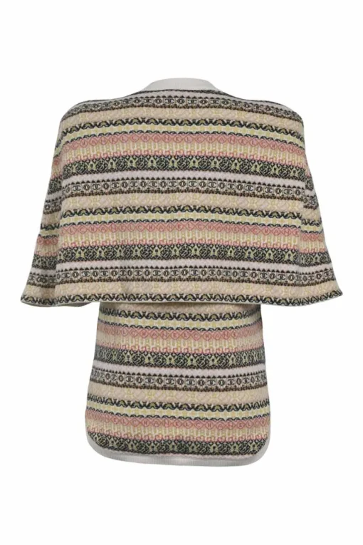 Cream and orange cashmere fairisle jacquard knit crewneck pullover half sleeve cape top
