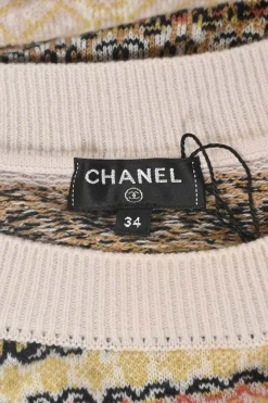 Cream and orange cashmere fairisle jacquard knit crewneck pullover half sleeve cape top