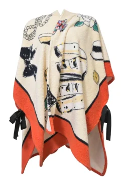 Cream and orange cotton loop terry open-front cover up featuring house code motif