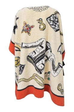 Cream and orange cotton loop terry open-front cover up featuring house code motif