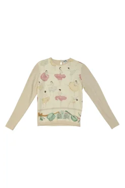 Cream cashmere mixed-media crewneck pullover sweater with woven ballerina foulard front panel