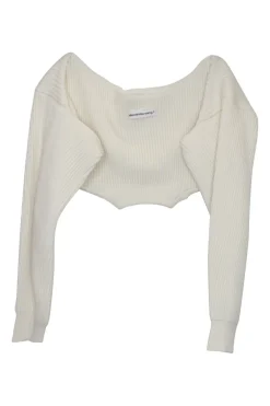 Cream cotton-blend fully-fashioned cropped bustier and convertible shrug rib knit twin set